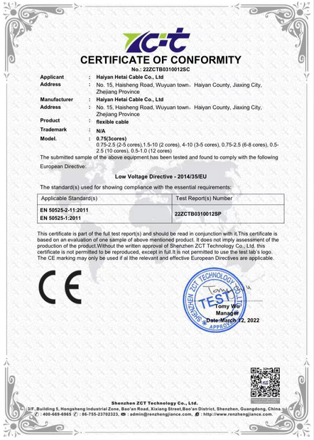 Chine Haiyan Hetai Cable Co., Ltd. Certifications
