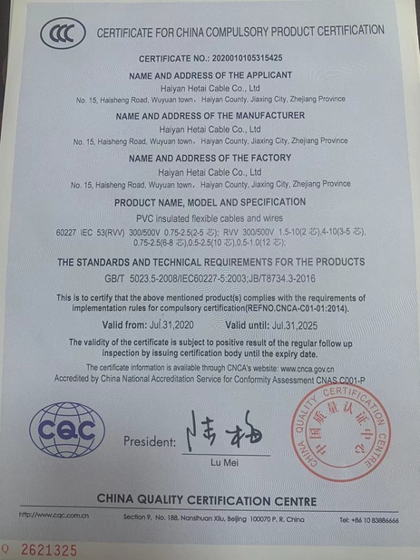 Chine Haiyan Hetai Cable Co., Ltd. Certifications